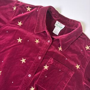 Quacker Factory Velvet Button Up Womens 1X Burgundy Embroidered Stars Rhinestone